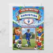 サッカーの誕生日フォト招待状（名入れカスタマイズ可能） (正面)