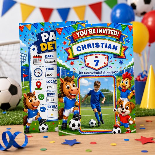 サッカーの誕生日フォト招待状（名入れカスタマイズ可能）