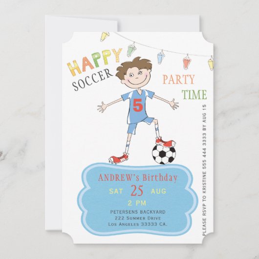 サッカーの誕生日少年 5歳 面白いスポーツパーティー 招待状 (正面)
