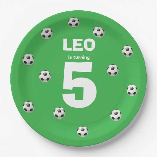 サッカーの誕生日紙皿 編集可能な名前と年齢 ペーパープレート (正面)