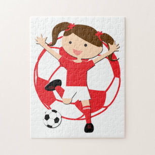 サッカーの赤と白女の子1および球 ジグソーパズル