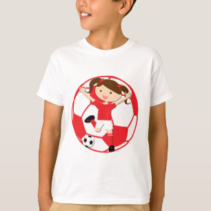 サッカーの赤と白女の子1および球 Tシャツ