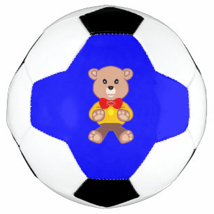 サッカーの青いボールに可愛らしい小さなテディベア サッカーボール