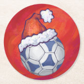 サッカーの青と白のフェスティバルが赤に浮かぶボール ラウンドペーパーコースター (正面)