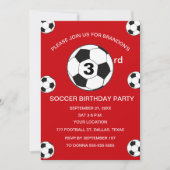 サッカーの3歳誕生日パーティー 赤 スポーツ 招待状 (正面)
