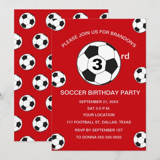 サッカーの3歳誕生日パーティー 赤 スポーツ 招待状 (正面/裏面)