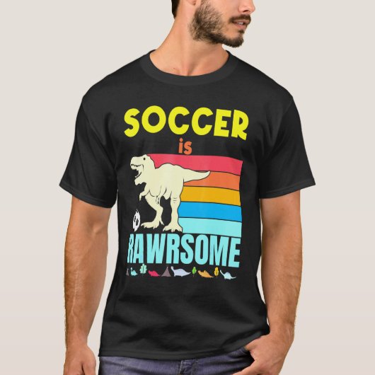 サッカーは男素晴らし子の子サッカー恐竜の足跡である Tシャツ (正面)