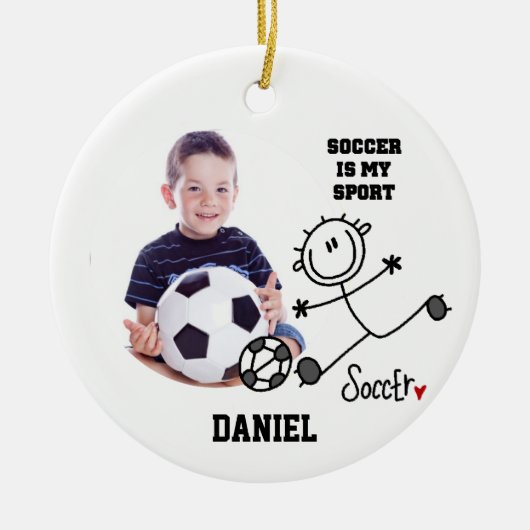 サッカーは私のスポーツ写真オーナメント セラミックオーナメント (正面)