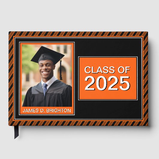 サッカーをテーマにしたオレンジ色の黒い写真卒業 ゲストブック (正面)