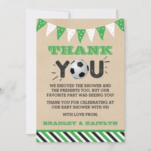 サッカーをテーマにした共同ベビーシャワー サンキューカード (正面)