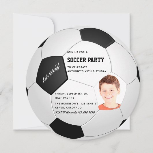 サッカーをテーマにした誕生日パーティーの写真の招待状 招待状 (正面)