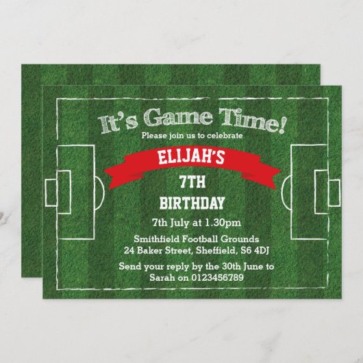 サッカーをテーマにした誕生日パーティーの招待状 招待状 (正面/裏面)
