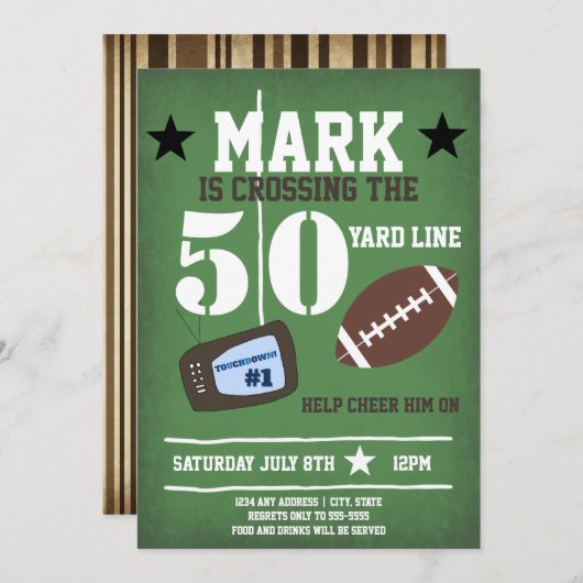 サッカーをテーマにした50誕生日 招待状 (正面/裏面)