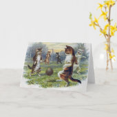 サッカーを遊んでいるヴィンテージ猫 カード (黄色い花)