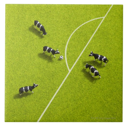 サッカーを遊んでいる牛 タイル (正面)