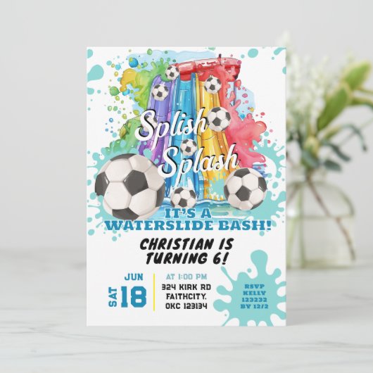 サッカーウォータースライドプールパーティー誕生日招待状 招待状 (スタンド正面)