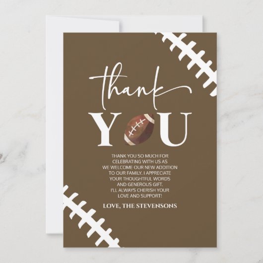 サッカーオーボーイブラウンホワイトベビーシャワー サンキューカード (正面)