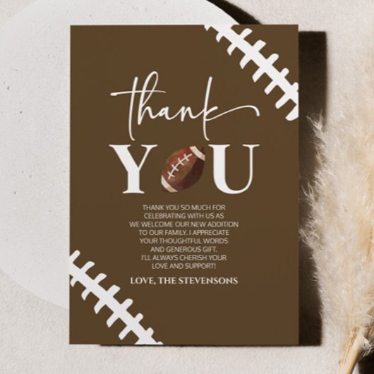 サッカーオーボーイブラウンホワイトベビーシャワー サンキューカード