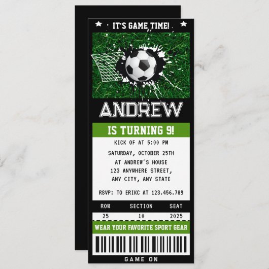 サッカーカスタムチケット誕生日がパーティーを供給 招待状 (正面/裏面)