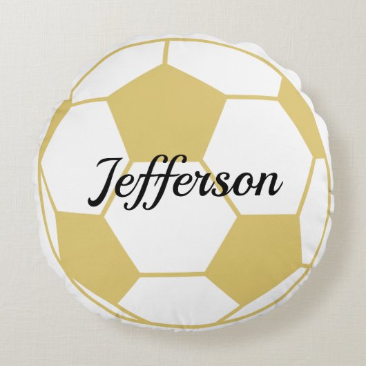 サッカーカスタム金ゴールドとサッカーの白ボールのラウンド ラウンドクッション (正面)