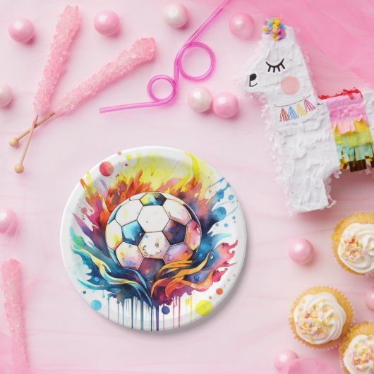 サッカーカラフルキッズウォーターカラー誕生日 ペーパープレート (パーティー)
