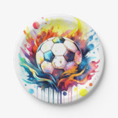 サッカーカラフルキッズウォーターカラー誕生日 ペーパープレート (正面)
