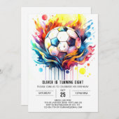 サッカーカラフルキッズウォーターカラー誕生日 招待状 (正面/裏面)