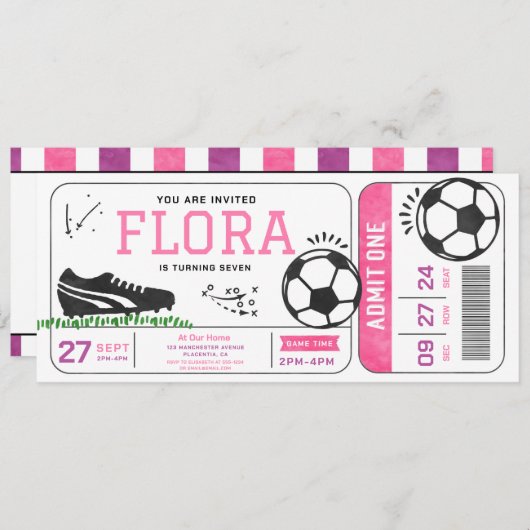 サッカーガールバースデーパーティーチケットスポーツデジタル 招待状 (正面/裏面)