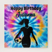 サッカーガールパーソナライズされたネクタイ染めレインボー誕生日 ジグソーパズル (縦)