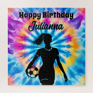 サッカーガールパーソナライズされたネクタイ染めレインボー誕生日 ジグソーパズル