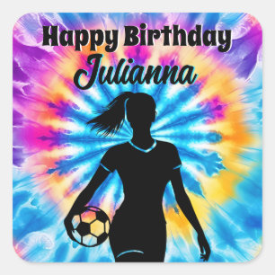 サッカーガールパーソナライズされたネクタイ染めレインボー誕生日 スクエアシール