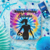 サッカーガールパーソナライズされたネクタイ染めレインボー誕生日 ペーパープレート (パーティー)