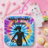 サッカーガールパーソナライズされたネクタイ染めレインボー誕生日 ペーパープレート (パーティー)