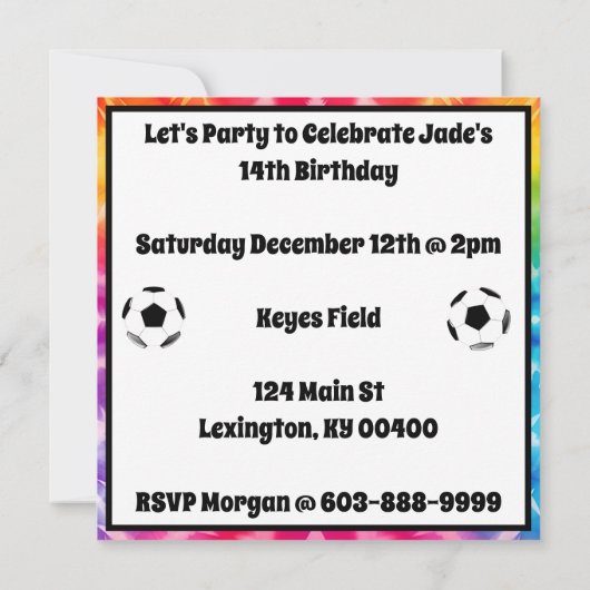 サッカーガールパーソナライズされたネクタイ染めレインボー誕生日 招待状 (裏面)