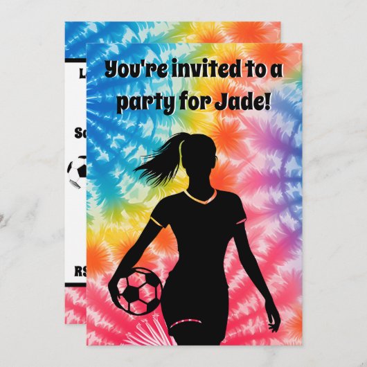 サッカーガールパーソナライズされたネクタイ染めレインボー誕生日 招待状 (正面/裏面)