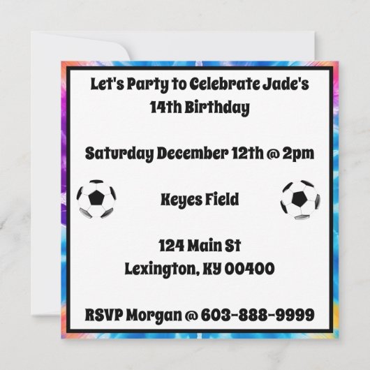 サッカーガールパーソナライズされたネクタイ染めレインボー誕生日 招待状 (裏面)