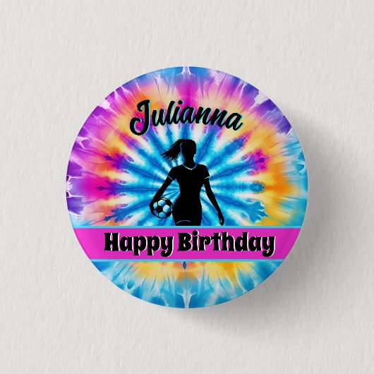 サッカーガールパーソナライズされたネクタイ染めレインボー誕生日 缶バッジ (正面)