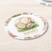 サッカーガール誕生日ロセパーソナライズされたゴールド ラウンドペーパーコースター (アングル)