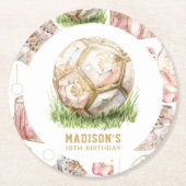 サッカーガール誕生日ロセパーソナライズされたゴールド ラウンドペーパーコースター (正面)