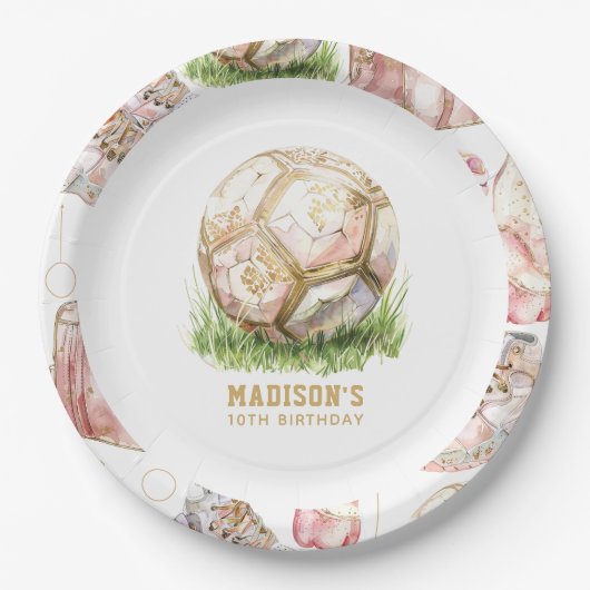 サッカーガール誕生日 パーソナライズされた ペーパープレート (正面)