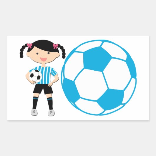 サッカーガール2、ボールブルーと白ストライプ色 長方形シール (正面)