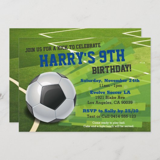 サッカーキッズサッカー誕生日パーティーへの招待 招待状 (正面/裏面)