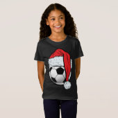 サッカークリスマスボールサンタハットおもしろいスポーツクリスマス Tシャツ (正面フル)