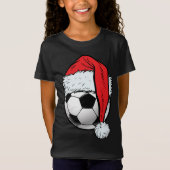 サッカークリスマスボールサンタハットおもしろいスポーツクリスマス Tシャツ (正面)