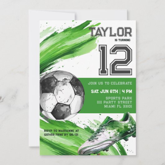 サッカーグリーンスポーツボーイジャージー ティーンの誕生日パーティー 招待状 (正面)