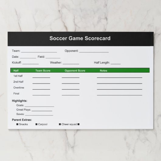 サッカーゲームスコアカード ペーパーパッド (正面)