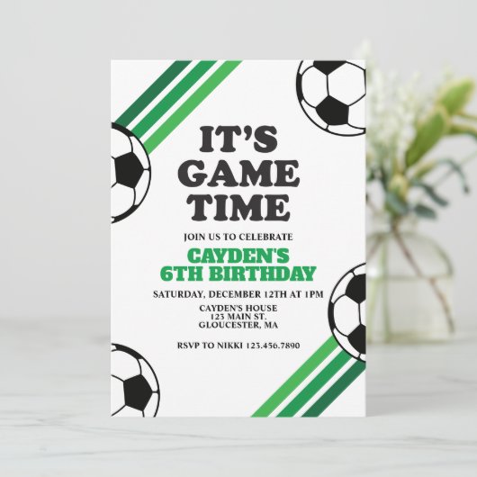 サッカーゲームタイムグリーンストライプ誕生日 招待状 (スタンド正面)