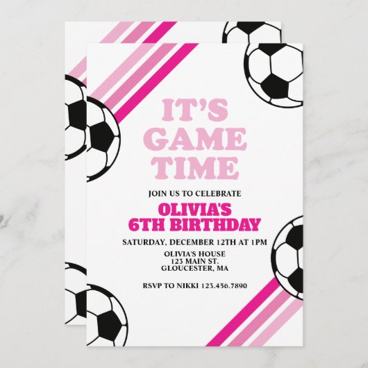 サッカーゲームタイムピンクストライプ誕生日 招待状 (正面/裏面)