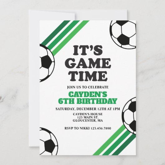 サッカーゲームタイム グリーンストライプ 誕生日 招待状 (正面)
