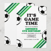 サッカーゲームタイム グリーンストライプ 誕生日 招待状 (正面/裏面)